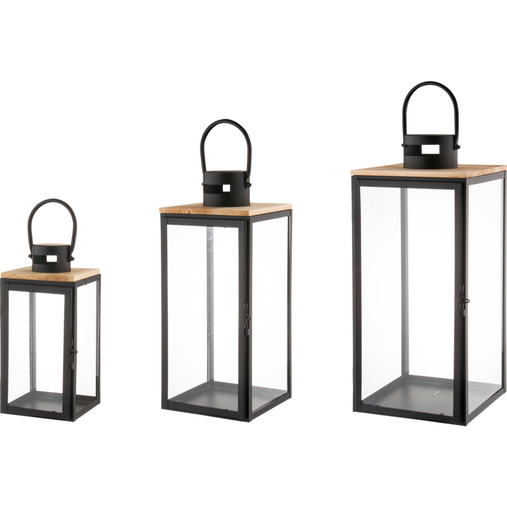 Laternen-Set 3 St&uuml;ck aus Metall, Kiefernholz und Glas
