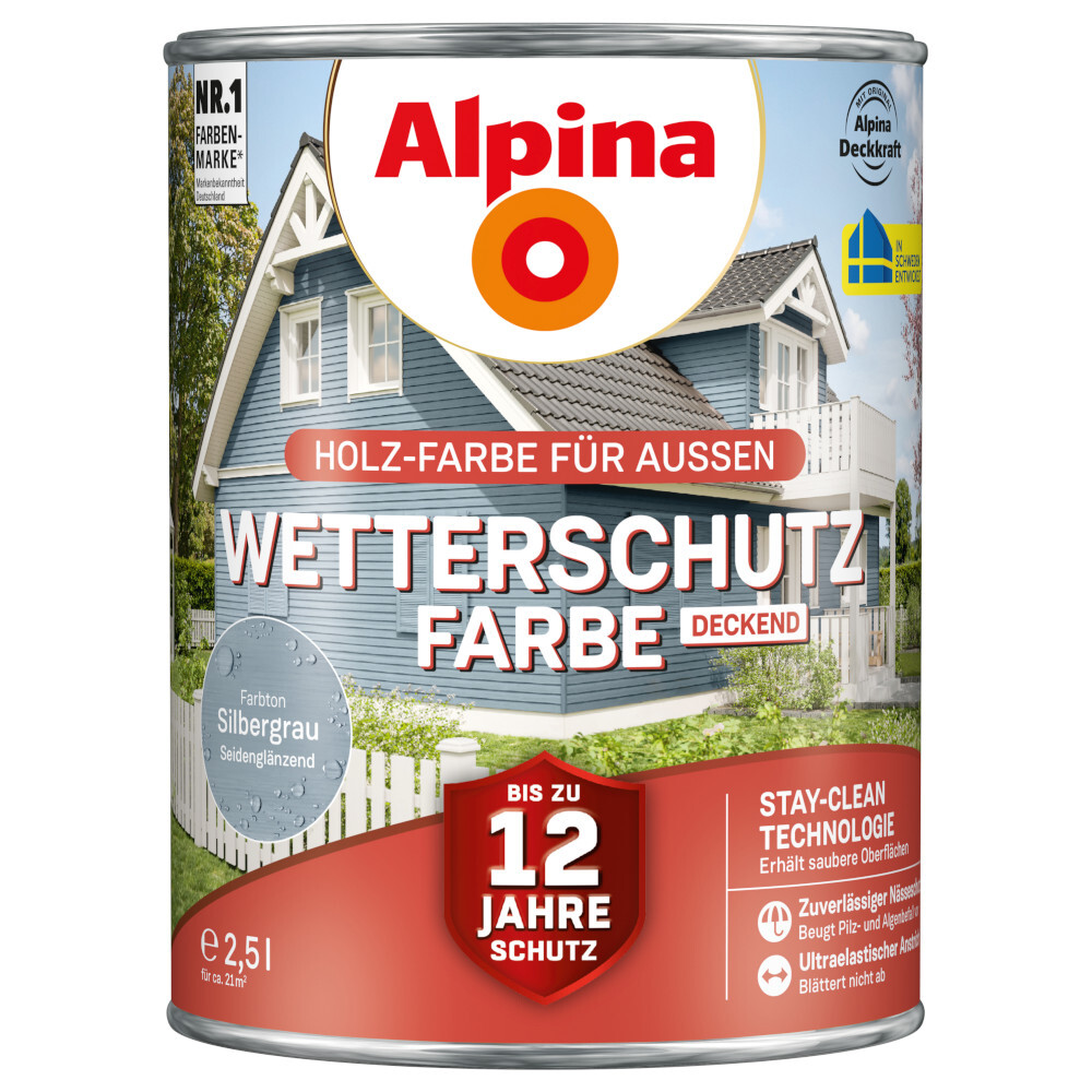 Alpina Wetterschutzfarbe Silbergrau deckend 2,5 Liter
