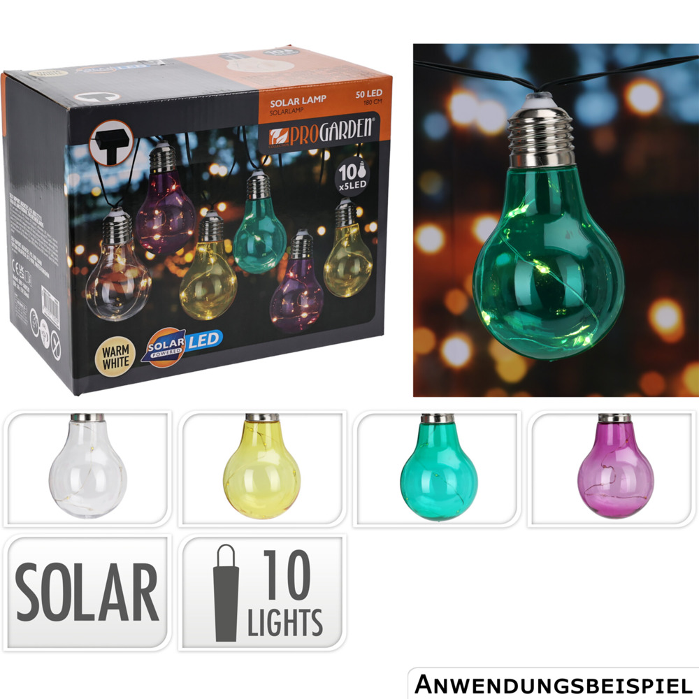 Solar Lichterkette Gl&uuml;hbirnen bunt 2m 50 LEDs