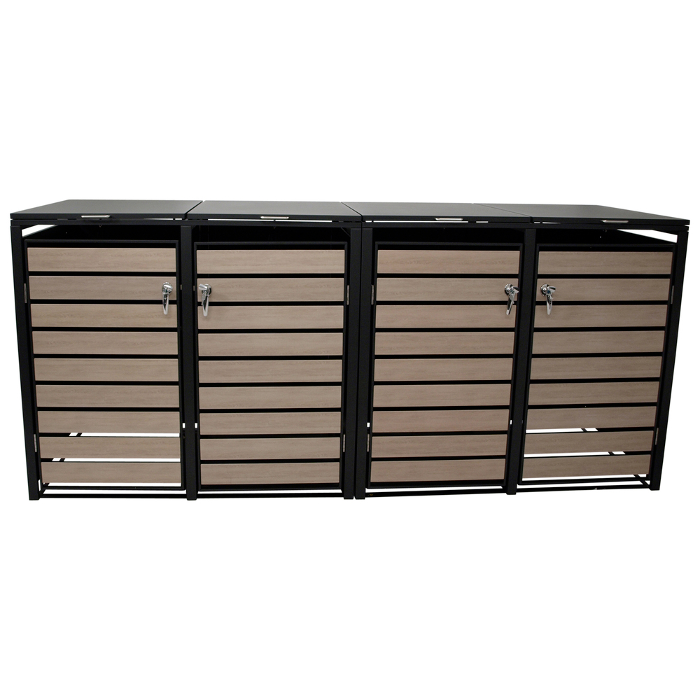 M&uuml;lltonnenbox 4x 240 Liter, Stahl verzinkt, Front in Holzoptik