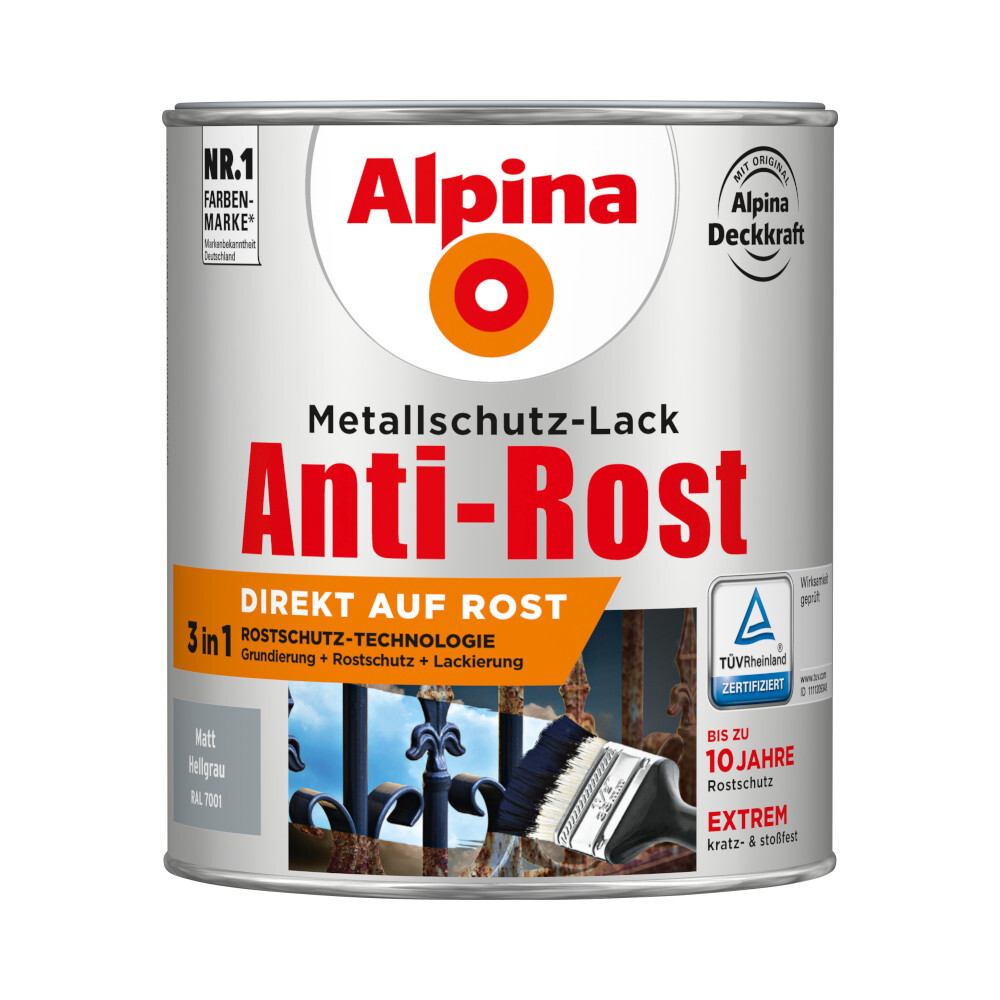 Alpina Metallschutzlack Hellgrau matt 750 ml RAL 7001