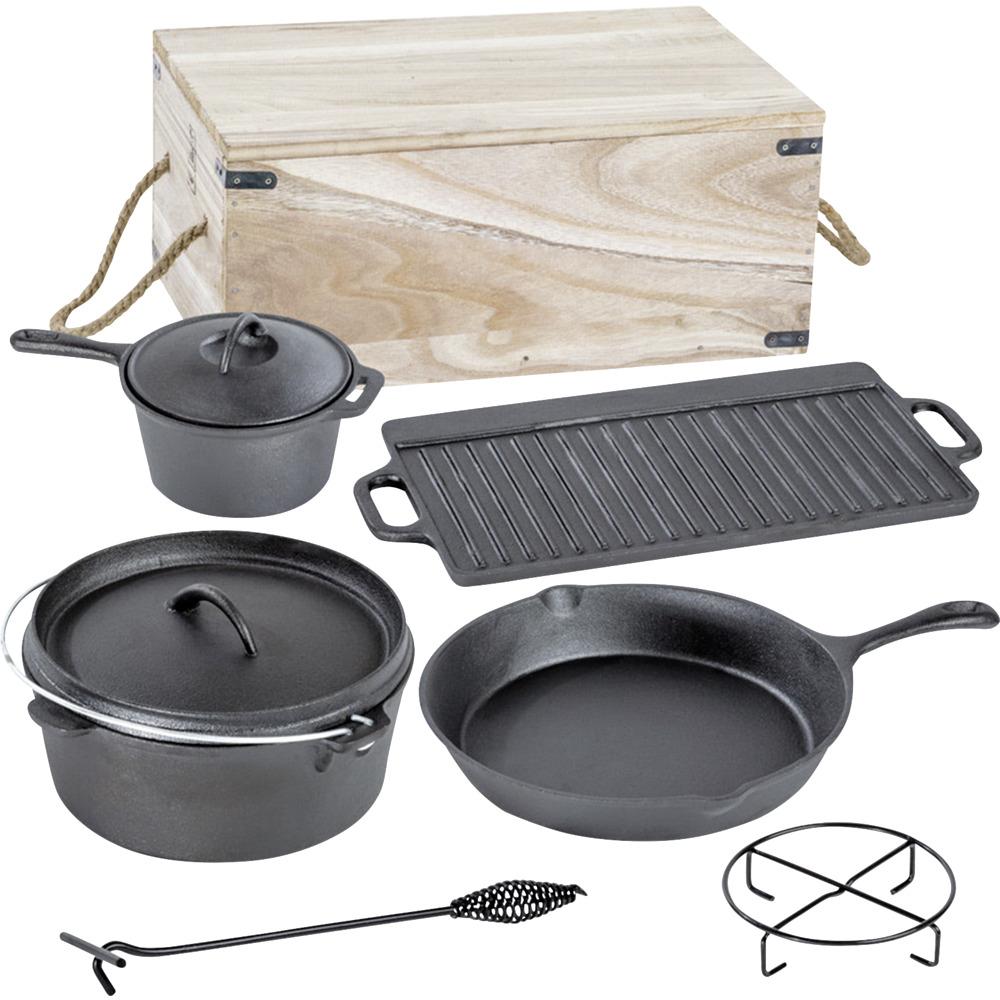 Dutch-Oven-Set 7-teilig aus Gusseisen in Holzkiste
