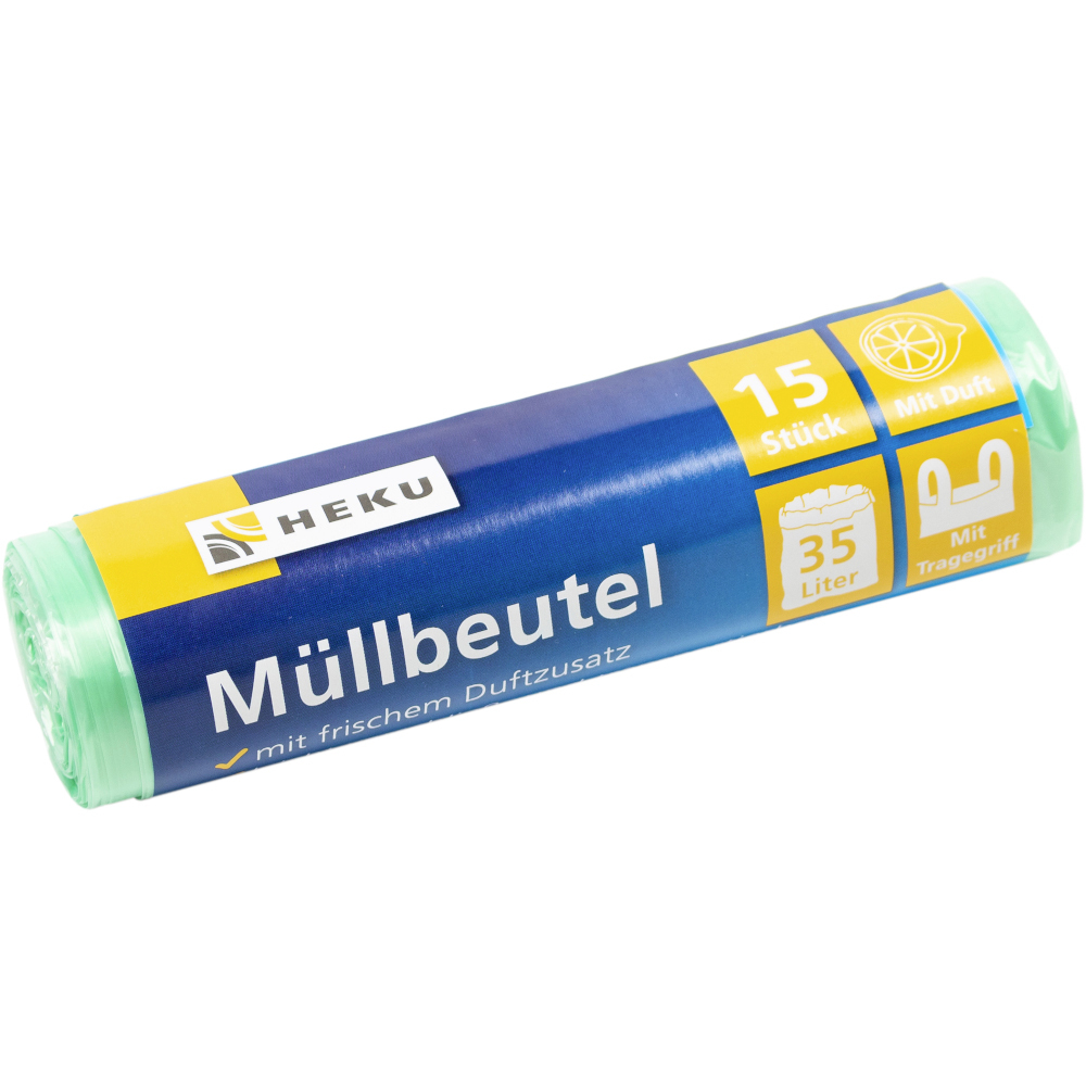 M&uuml;llbeutel mit Tragegriff & Duft 35 Liter 10&micro; 15 St&uuml;ck gr&uuml;n
