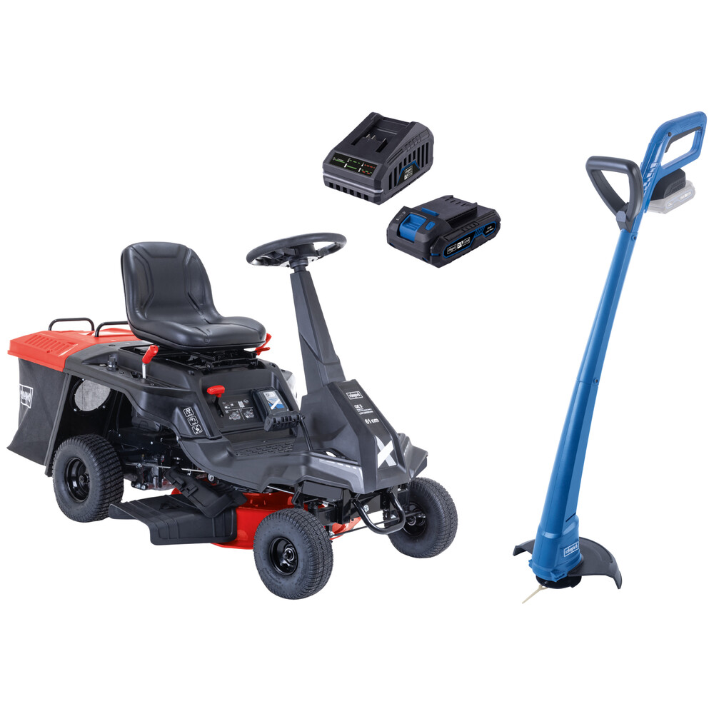 Scheppach Benzin-Aufsitzrasenm&auml;her MR200-61 LT und Akku-Rasentrimmer im Set