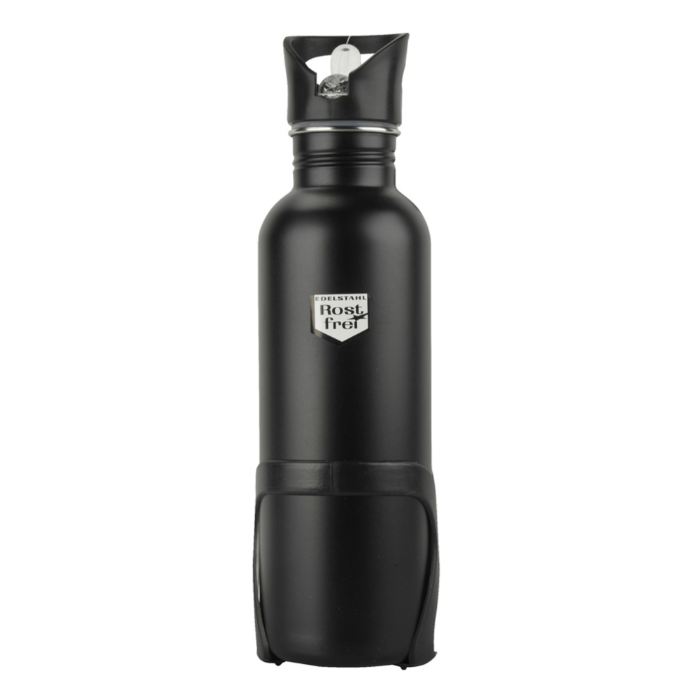 Trinkflasche 750 ml aus Edelstahl in Schwarz mit Halterung