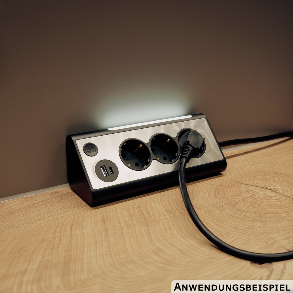 Tischsteckdosenleiste 3-fach USB A+C Edelstahl