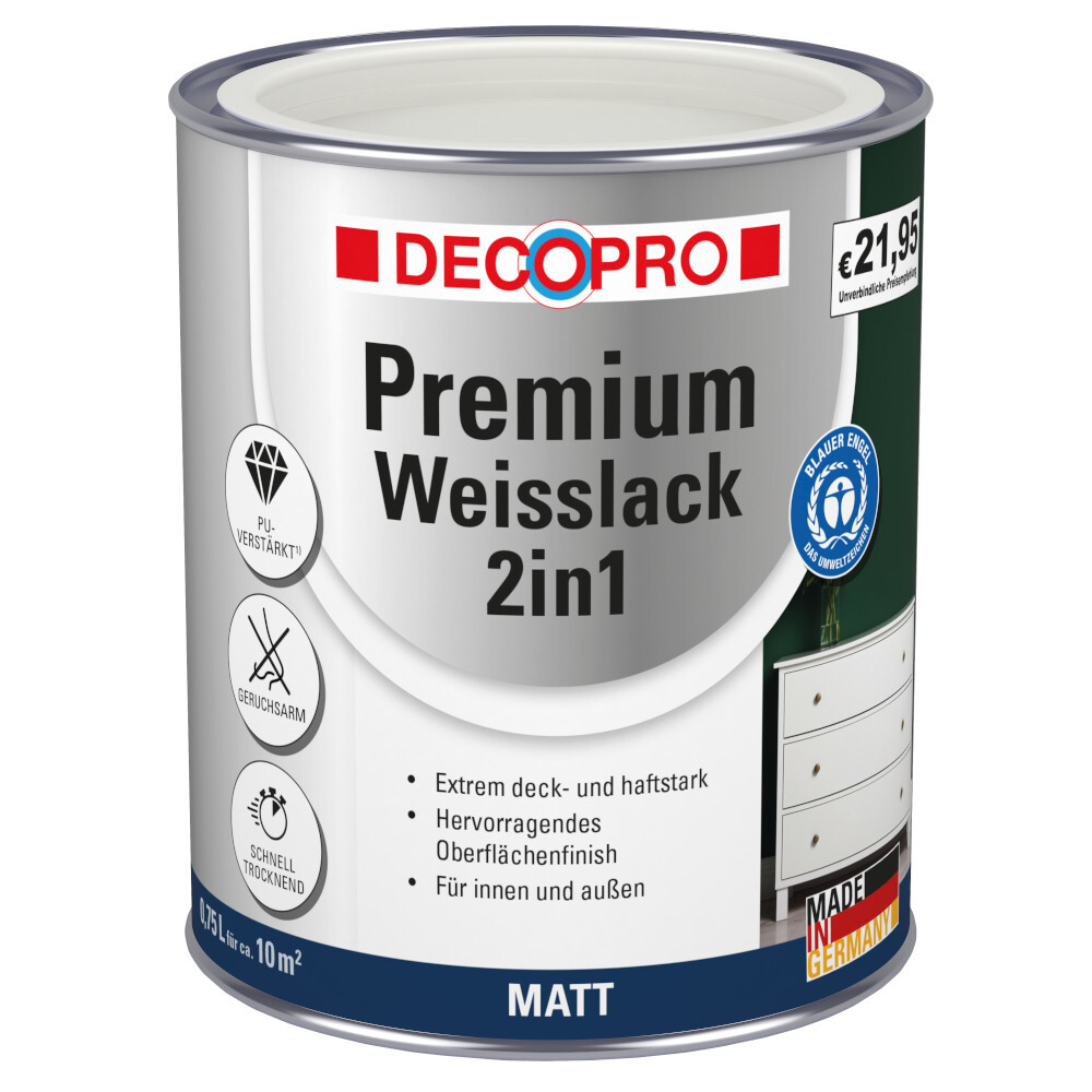DECOPRO Premium 2in1 Wei&szlig;lack 750 ml in Signalwei&szlig;, matt RAL 9003