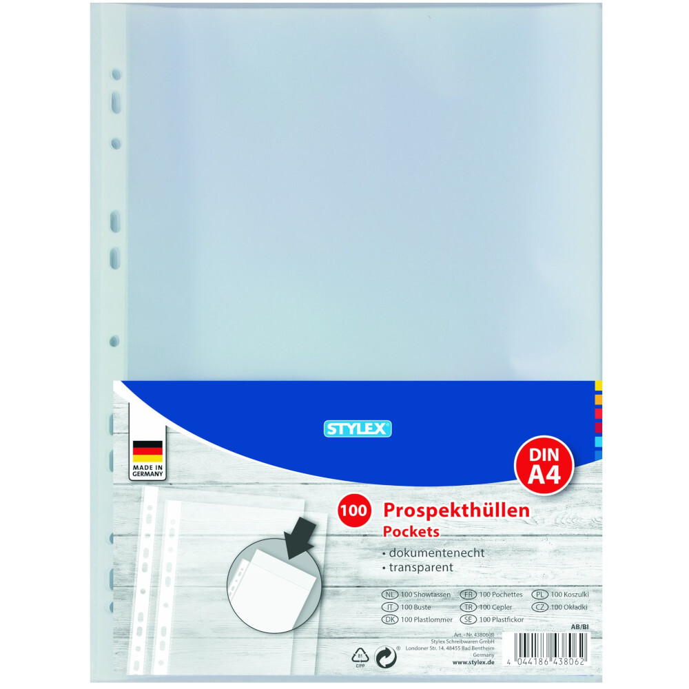 Prospekth&uuml;llen 100 St&uuml;ck DIN A4 gelocht