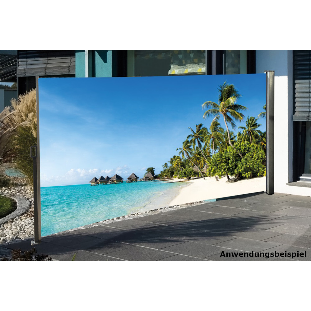 Seitenmarkise 3 x 1,6 m mit Auszug links und Fotodruck &bdquo;S&uuml;dsee&ldquo; rechts