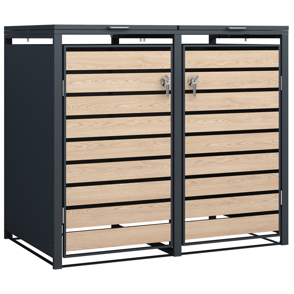 M&uuml;lltonnenbox 2x 240 Liter, Stahl verzinkt, Front in Holzoptik