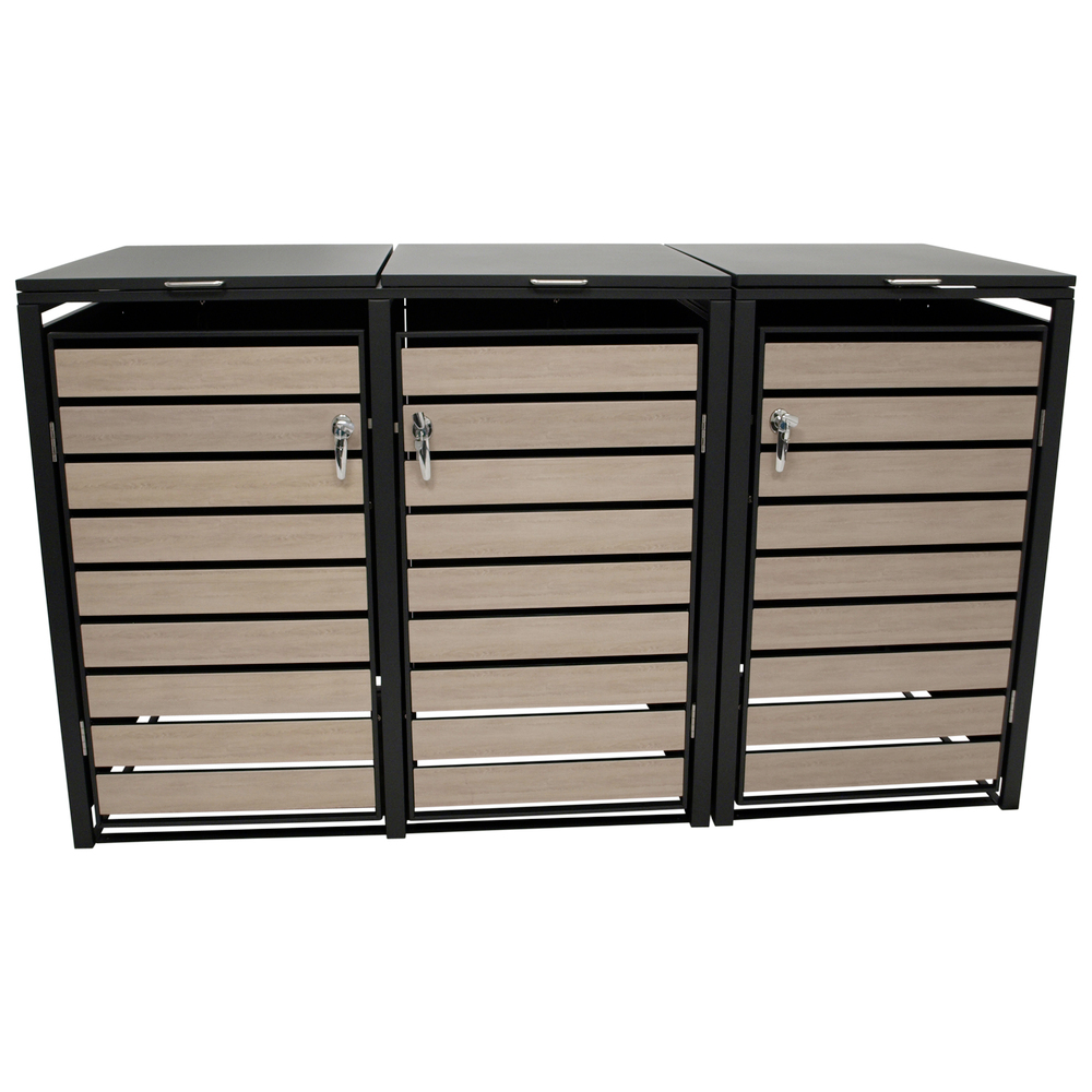 M&uuml;lltonnenbox 3x 240 Liter, Stahl verzinkt, Front in Holzoptik
