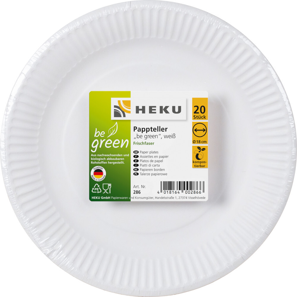 Pappteller "be green" rund, &Oslash; 18 cm, 20 St&uuml;ck, wei&szlig;
